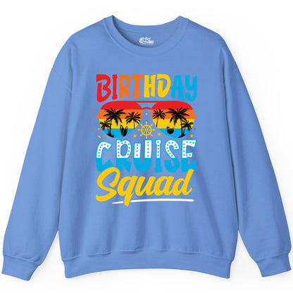 Birthday Cruise Squad Shirt - Tropical Sunset Group Cruise Apparel (Sweatshirt) in Carolina Blue - Birthday Cruise Squad Tropical Sunset Palm Tree Group Shirt