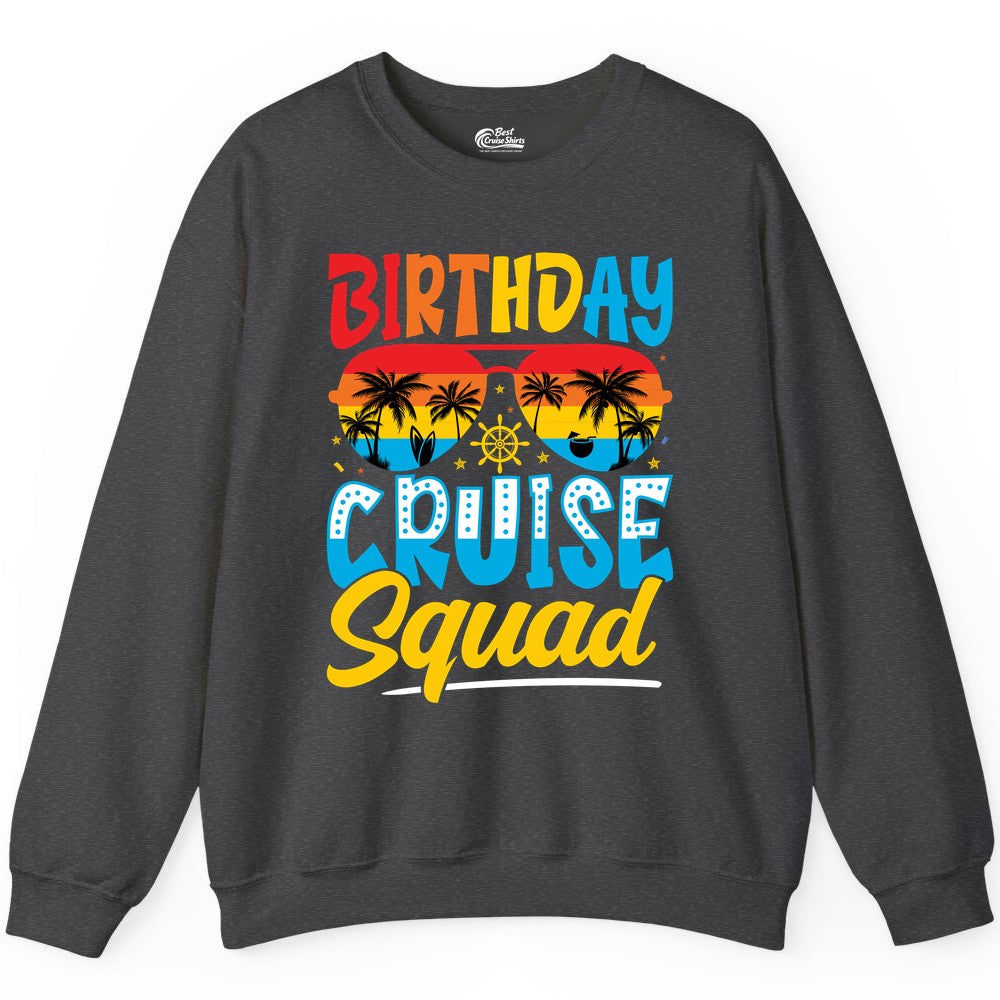 Birthday Cruise Squad Shirt - Tropical Sunset Group Cruise Apparel (Sweatshirt) in Dark Heather - Birthday Cruise Squad Tropical Sunset Palm Tree Group Shirt