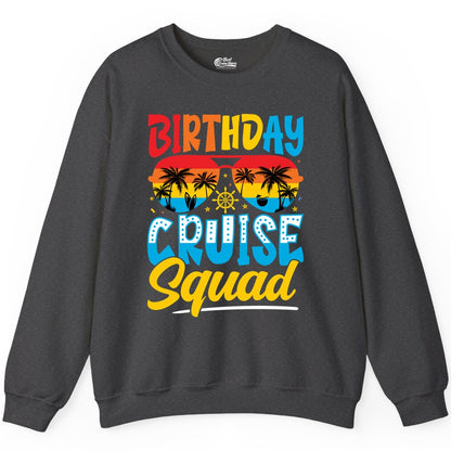 Birthday Cruise Squad Shirt - Tropical Sunset Group Cruise Apparel (Sweatshirt) in Dark Heather - Birthday Cruise Squad Tropical Sunset Palm Tree Group Shirt
