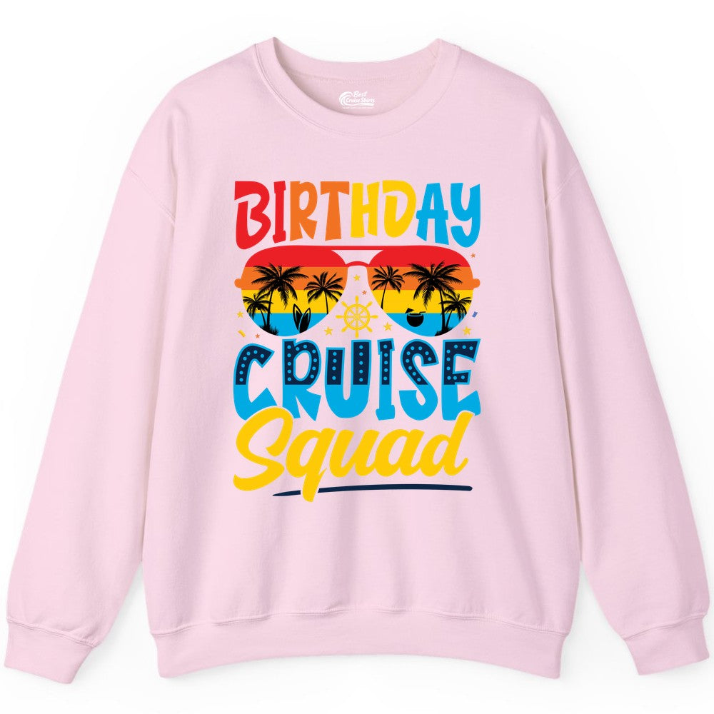 Birthday Cruise Squad Shirt - Tropical Sunset Group Cruise Apparel (Sweatshirt) in Light Pink - Birthday Cruise Squad Tropical Sunset Palm Tree Group Shirt