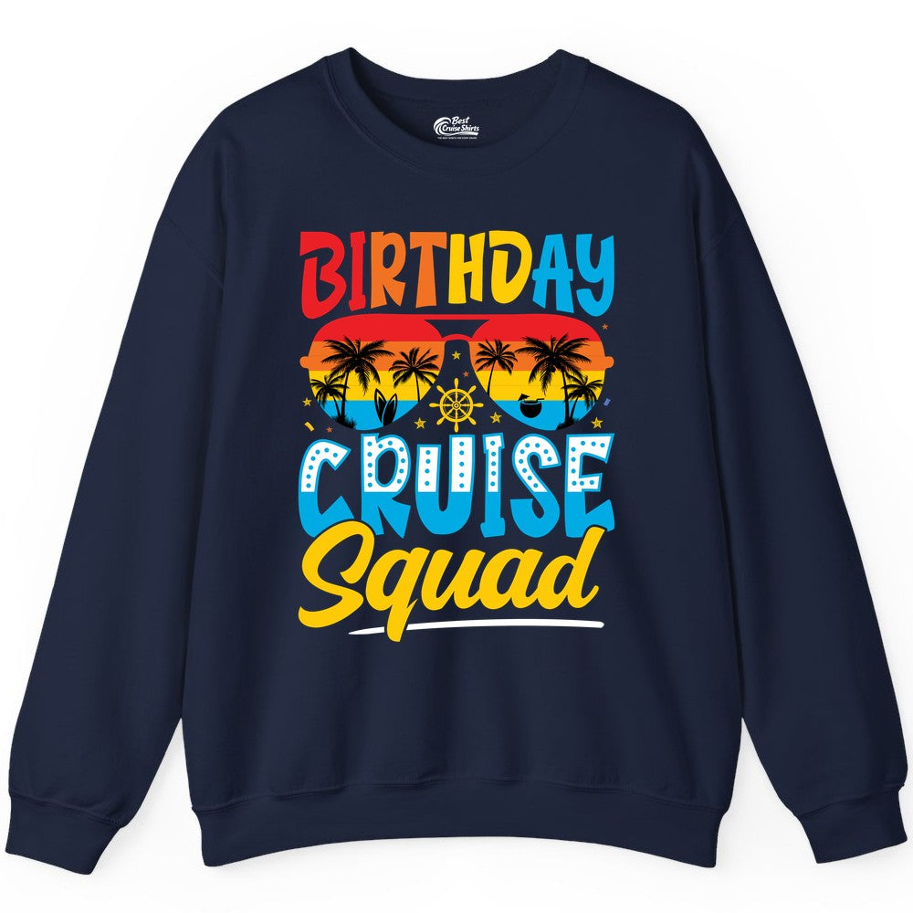Birthday Cruise Squad Shirt - Tropical Sunset Group Cruise Apparel (Sweatshirt) in Navy - Birthday Cruise Squad Tropical Sunset Palm Tree Group Shirt