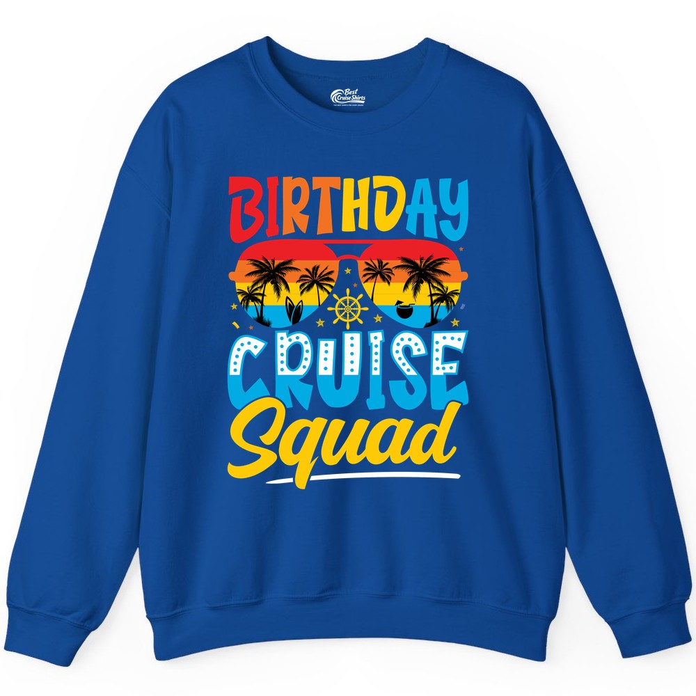 Birthday Cruise Squad Shirt - Tropical Sunset Group Cruise Apparel (Sweatshirt) in Royal - Birthday Cruise Squad Tropical Sunset Palm Tree Group Shirt