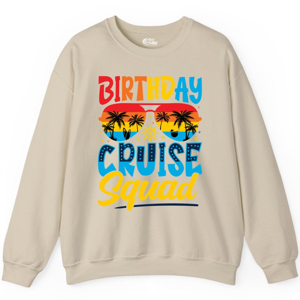 Birthday Cruise Squad Shirt - Tropical Sunset Group Cruise Apparel (Sweatshirt) in Sand - Birthday Cruise Squad Tropical Sunset Palm Tree Group Shirt