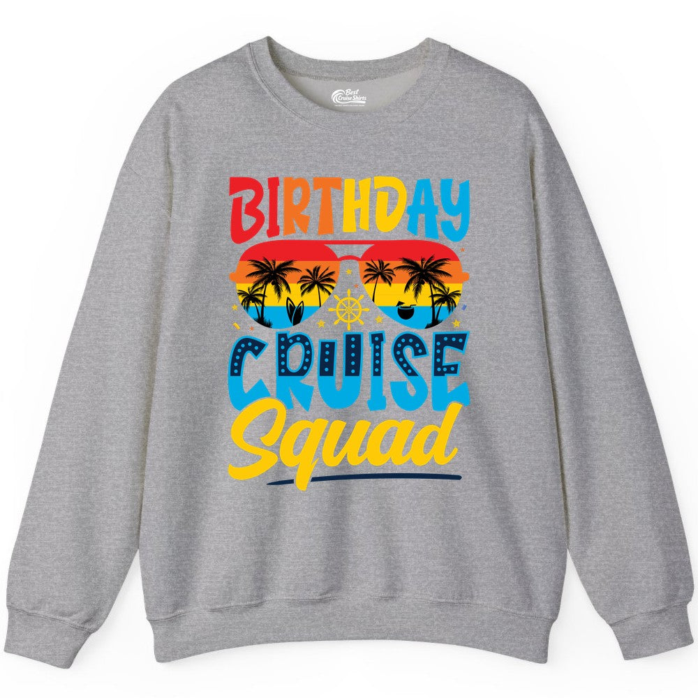 Birthday Cruise Squad Shirt - Tropical Sunset Group Cruise Apparel (Sweatshirt) in Sport Grey - Birthday Cruise Squad Tropical Sunset Palm Tree Group Shirt