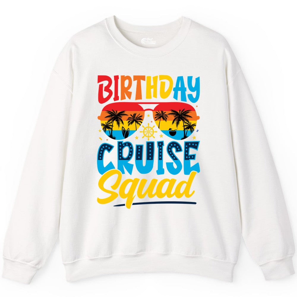 Birthday Cruise Squad Shirt - Tropical Sunset Group Cruise Apparel (Sweatshirt) in White - Birthday Cruise Squad Tropical Sunset Palm Tree Group Shirt