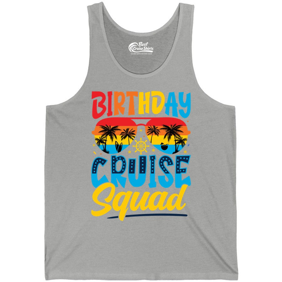 Birthday Cruise Squad Shirt - Tropical Sunset Group Cruise Apparel (Tank Top) in Athletic Heather - Birthday Cruise Squad Tropical Sunset Palm Tree Group Shirt