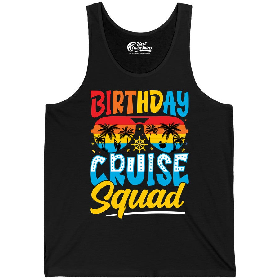 Birthday Cruise Squad Shirt - Tropical Sunset Group Cruise Apparel (Tank Top) in Black - Birthday Cruise Squad Tropical Sunset Palm Tree Group Shirt