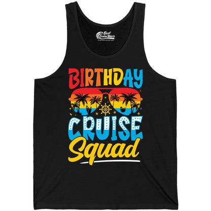 Birthday Cruise Squad Shirt - Tropical Sunset Group Cruise Apparel (Tank Top) in Black - Birthday Cruise Squad Tropical Sunset Palm Tree Group Shirt