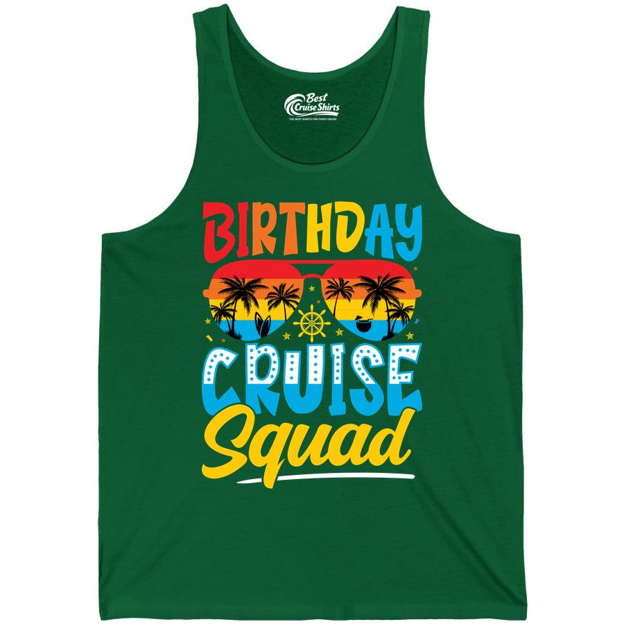 Birthday Cruise Squad Shirt - Tropical Sunset Group Cruise Apparel (Tank Top) in Kelly - Birthday Cruise Squad Tropical Sunset Palm Tree Group Shirt