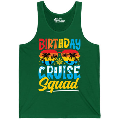 Birthday Cruise Squad Shirt - Tropical Sunset Group Cruise Apparel (Tank Top) in Kelly - Birthday Cruise Squad Tropical Sunset Palm Tree Group Shirt