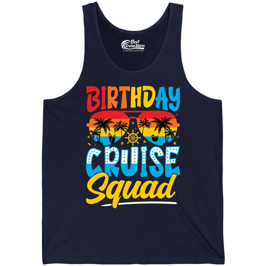 Birthday Cruise Squad Shirt - Tropical Sunset Group Cruise Apparel (Tank Top) in Navy - Birthday Cruise Squad Tropical Sunset Palm Tree Group Shirt