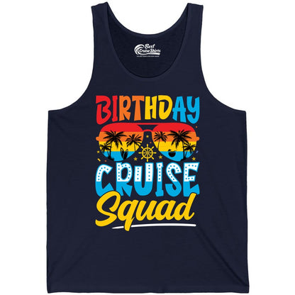 Birthday Cruise Squad Shirt - Tropical Sunset Group Cruise Apparel (Tank Top) in Navy - Birthday Cruise Squad Tropical Sunset Palm Tree Group Shirt