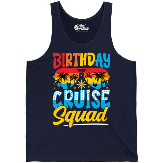 Birthday Cruise Squad Shirt - Tropical Sunset Group Cruise Apparel (Tank Top) in Navy - Birthday Cruise Squad Tropical Sunset Palm Tree Group Shirt