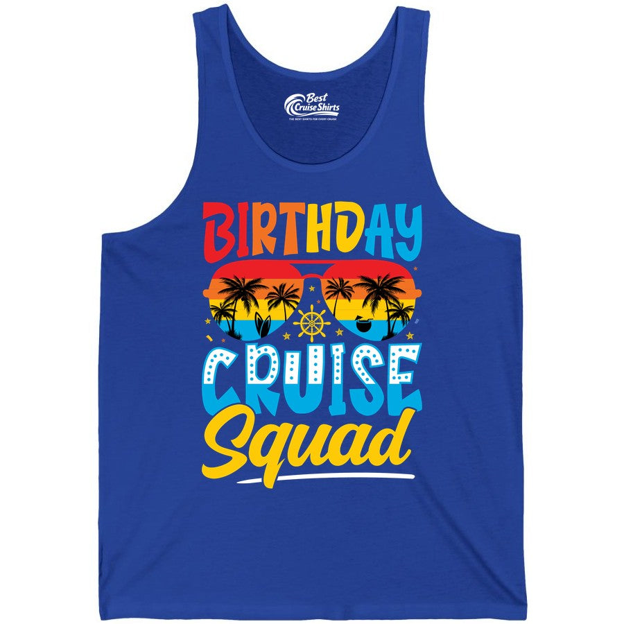 Birthday Cruise Squad Shirt - Tropical Sunset Group Cruise Apparel (Tank Top) in True Royal - Birthday Cruise Squad Tropical Sunset Palm Tree Group Shirt