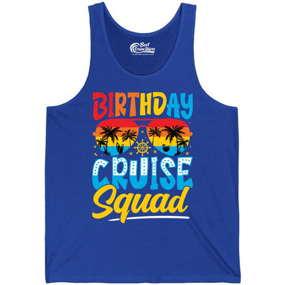 Birthday Cruise Squad Shirt - Tropical Sunset Group Cruise Apparel (Tank Top) in True Royal - Birthday Cruise Squad Tropical Sunset Palm Tree Group Shirt