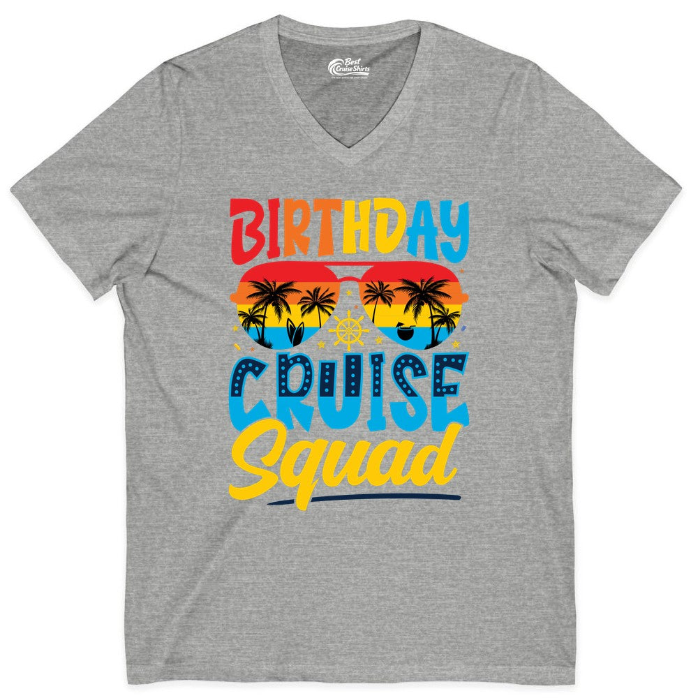 Birthday Cruise Squad Shirt - Tropical Sunset Group Cruise Apparel (V-Neck) in Athletic Heather - Birthday Cruise Squad Tropical Sunset Palm Tree Group Shirt