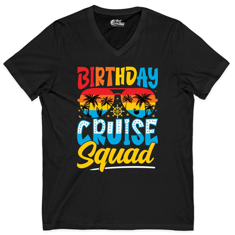 Birthday Cruise Squad Shirt - Tropical Sunset Group Cruise Apparel (V-Neck) in Black - Birthday Cruise Squad Tropical Sunset Palm Tree Group Shirt