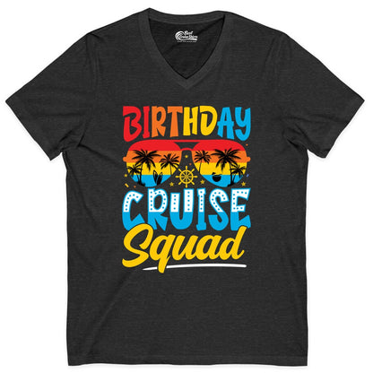 Birthday Cruise Squad Shirt - Tropical Sunset Group Cruise Apparel (V-Neck) in Dark Grey Heather - Birthday Cruise Squad Tropical Sunset Palm Tree Group Shirt