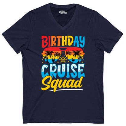Birthday Cruise Squad Shirt - Tropical Sunset Group Cruise Apparel (V-Neck) in Navy - Birthday Cruise Squad Tropical Sunset Palm Tree Group Shirt