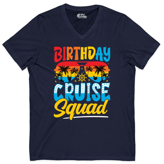 Birthday Cruise Squad Shirt - Tropical Sunset Group Cruise Apparel (V-Neck) in Navy - Birthday Cruise Squad Tropical Sunset Palm Tree Group Shirt