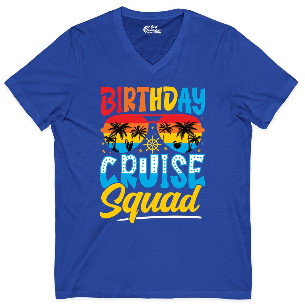Birthday Cruise Squad Shirt - Tropical Sunset Group Cruise Apparel (V-Neck) in True Royal - Birthday Cruise Squad Tropical Sunset Palm Tree Group Shirt