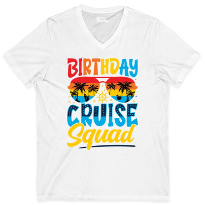 Birthday Cruise Squad Shirt - Tropical Sunset Group Cruise Apparel (V-Neck) in White - Birthday Cruise Squad Tropical Sunset Palm Tree Group Shirt