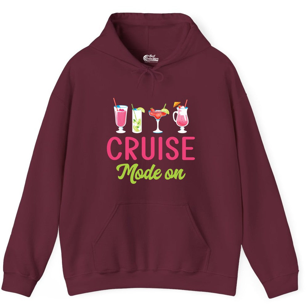 Cruise Mode On Shirt - Fun Cocktail Cruise Shirt for Vacations (Hoodie) in Maroon - Cruise Mode On Shirt - Colorful Tropical Cocktails Vacation Vibes