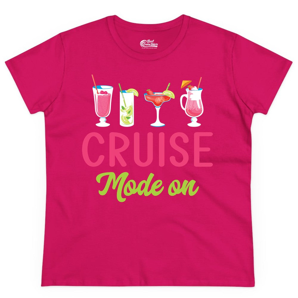 Cruise Mode On Shirt - Fun Cocktail Cruise Shirt for Vacations (Ladies Tee) in Heliconia - Cruise Mode On Shirt - Colorful Tropical Cocktails Vacation Vibes