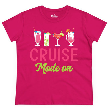 Cruise Mode On Shirt - Fun Cocktail Cruise Shirt for Vacations (Ladies Tee) in Heliconia - Cruise Mode On Shirt - Colorful Tropical Cocktails Vacation Vibes
