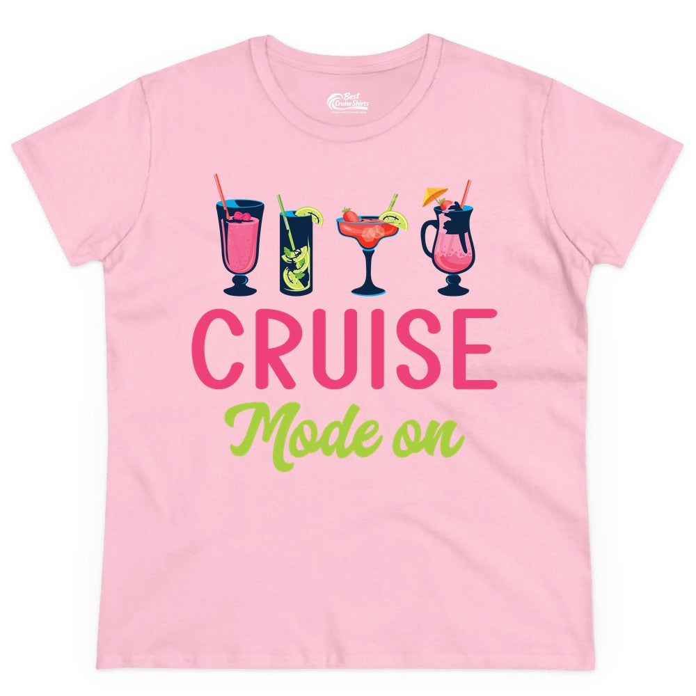 Cruise Mode On Shirt - Fun Cocktail Cruise Shirt for Vacations (Ladies Tee) in Light Pink - Cruise Mode On Shirt - Colorful Tropical Cocktails Vacation Vibes