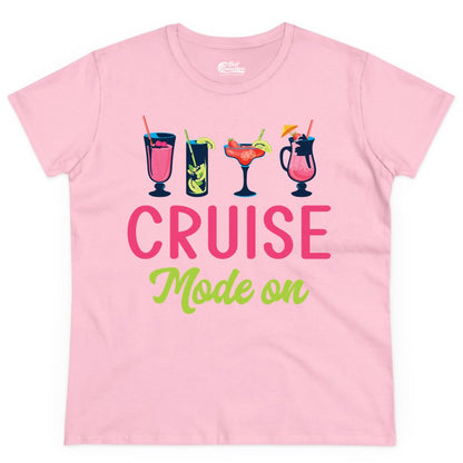 Cruise Mode On Shirt - Fun Cocktail Cruise Shirt for Vacations (Ladies Tee) in Light Pink - Cruise Mode On Shirt - Colorful Tropical Cocktails Vacation Vibes