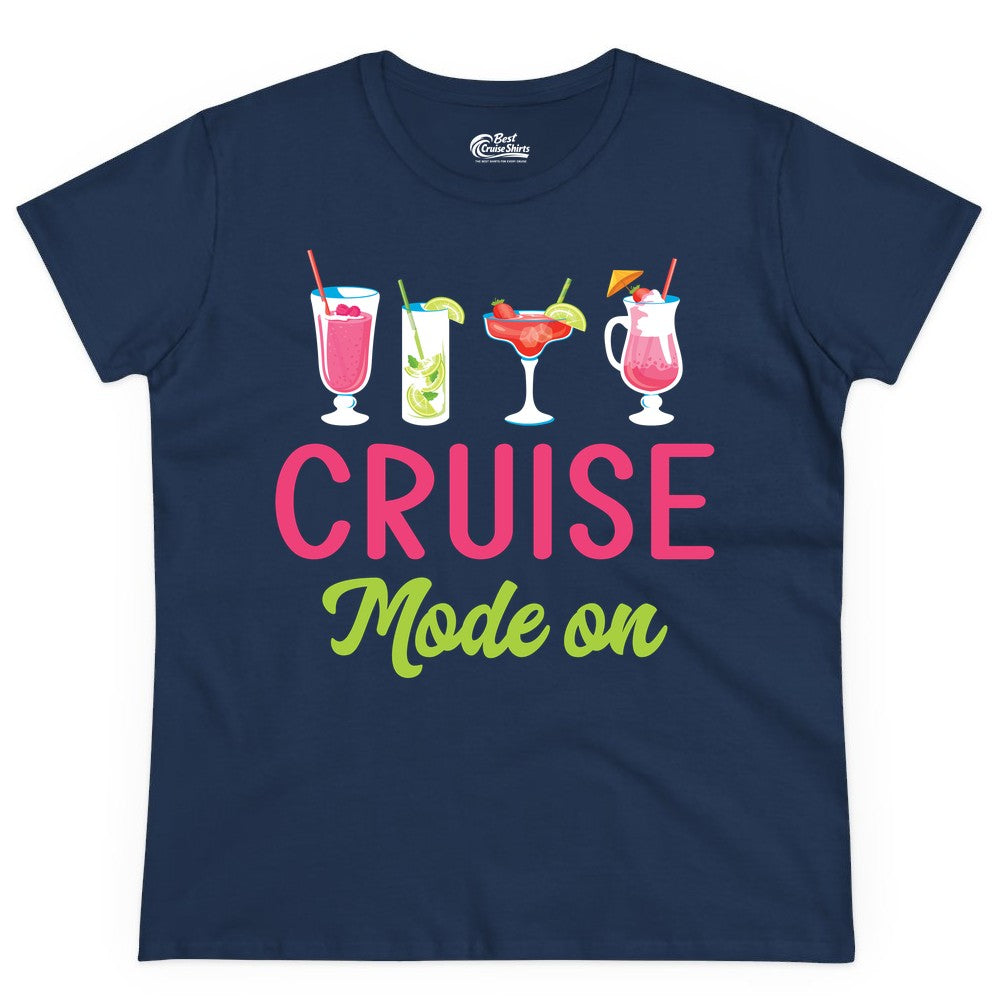 Cruise Mode On Shirt - Fun Cocktail Cruise Shirt for Vacations (Ladies Tee) in Navy - Cruise Mode On Shirt - Colorful Tropical Cocktails Vacation Vibes