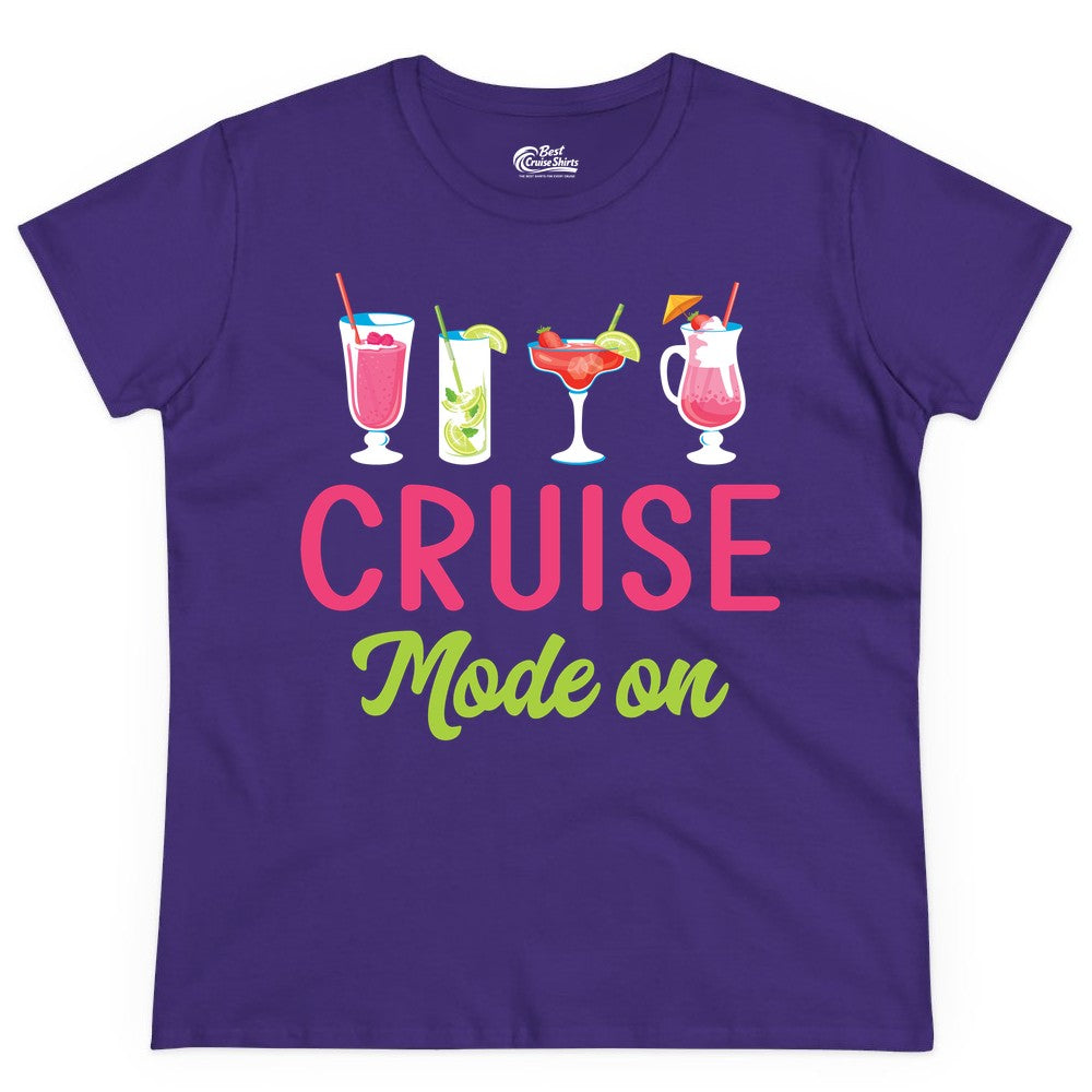 Cruise Mode On Shirt - Fun Cocktail Cruise Shirt for Vacations (Ladies Tee) in Purple - Cruise Mode On Shirt - Colorful Tropical Cocktails Vacation Vibes