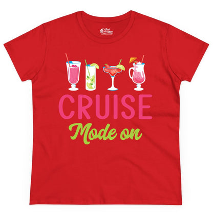Cruise Mode On Shirt - Fun Cocktail Cruise Shirt for Vacations (Ladies Tee) in Red - Cruise Mode On Shirt - Colorful Tropical Cocktails Vacation Vibes
