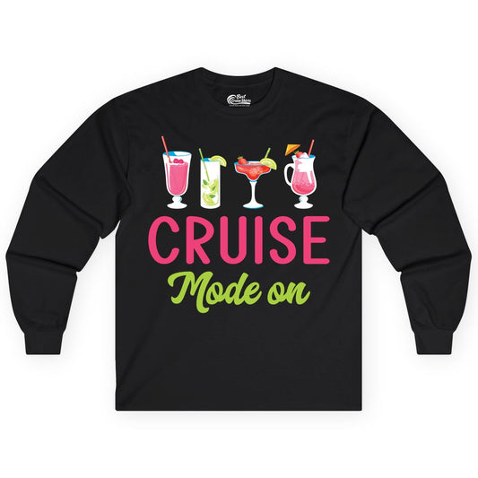 Cruise Mode On Shirt - Fun Cocktail Cruise Shirt for Vacations (Long Sleeve) in Black - Cruise Mode On Shirt - Colorful Tropical Cocktails Vacation Vibes