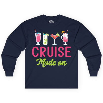 Cruise Mode On Shirt - Fun Cocktail Cruise Shirt for Vacations (Long Sleeve) in Navy - Cruise Mode On Shirt - Colorful Tropical Cocktails Vacation Vibes