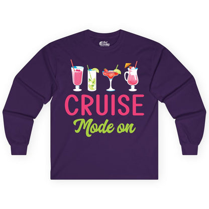 Cruise Mode On Shirt - Fun Cocktail Cruise Shirt for Vacations (Long Sleeve) in Purple - Cruise Mode On Shirt - Colorful Tropical Cocktails Vacation Vibes