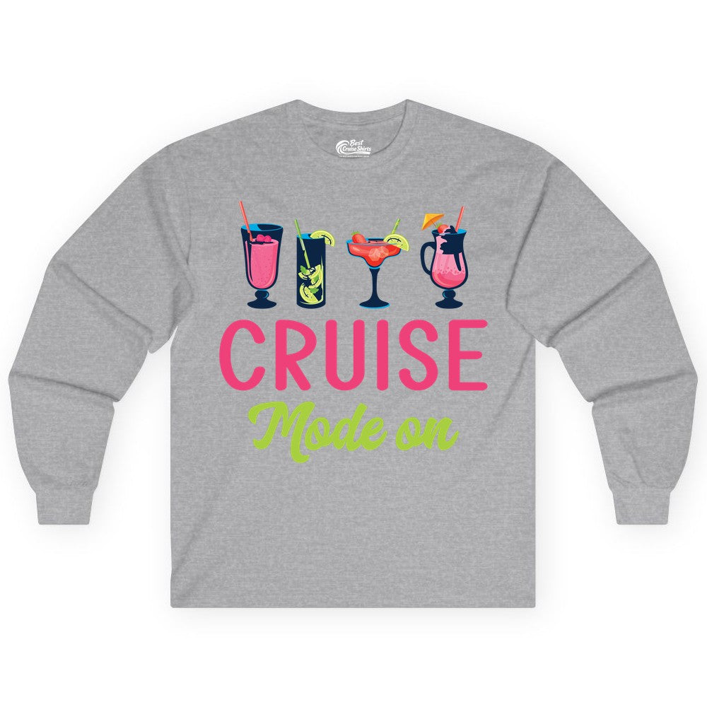 Cruise Mode On Shirt - Fun Cocktail Cruise Shirt for Vacations (Long Sleeve) in Sport Grey - Cruise Mode On Shirt - Colorful Tropical Cocktails Vacation Vibes
