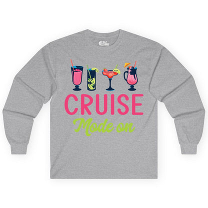 Cruise Mode On Shirt - Fun Cocktail Cruise Shirt for Vacations (Long Sleeve) in Sport Grey - Cruise Mode On Shirt - Colorful Tropical Cocktails Vacation Vibes