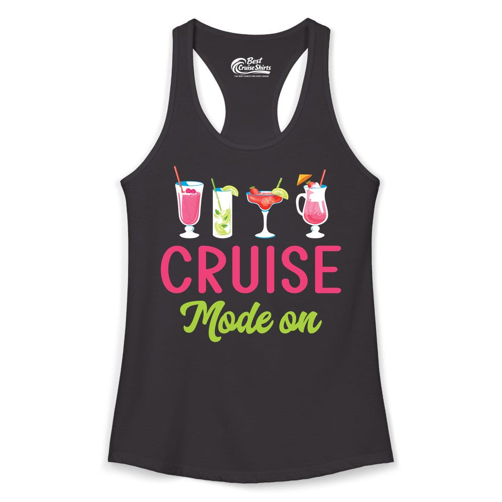 Cruise Mode On Shirt - Fun Cocktail Cruise Shirt for Vacations (Ladies Tank) in Black - Cruise Mode On Shirt - Colorful Tropical Cocktails Vacation Vibes