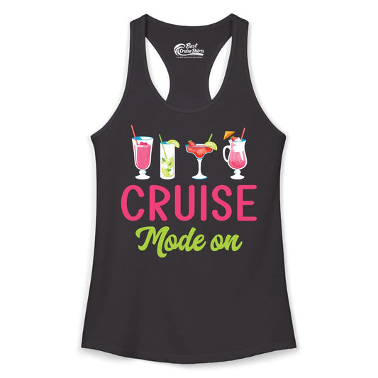 Cruise Mode On Shirt - Fun Cocktail Cruise Shirt for Vacations (Ladies Tank) in Black - Cruise Mode On Shirt - Colorful Tropical Cocktails Vacation Vibes