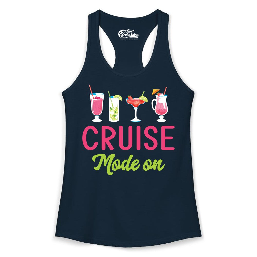 Cruise Mode On Shirt - Fun Cocktail Cruise Shirt for Vacations (Ladies Tank) in Solid Midnight Navy - Cruise Mode On Shirt - Colorful Tropical Cocktails Vacation Vibes