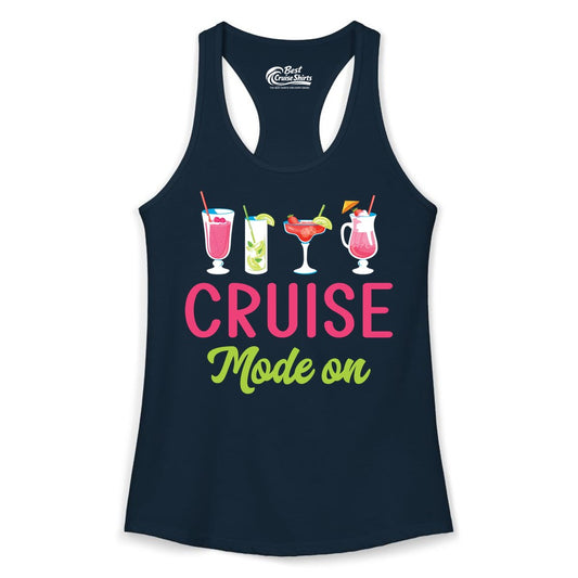 Cruise Mode On Shirt - Fun Cocktail Cruise Shirt for Vacations (Ladies Tank) in Solid Midnight Navy - Cruise Mode On Shirt - Colorful Tropical Cocktails Vacation Vibes