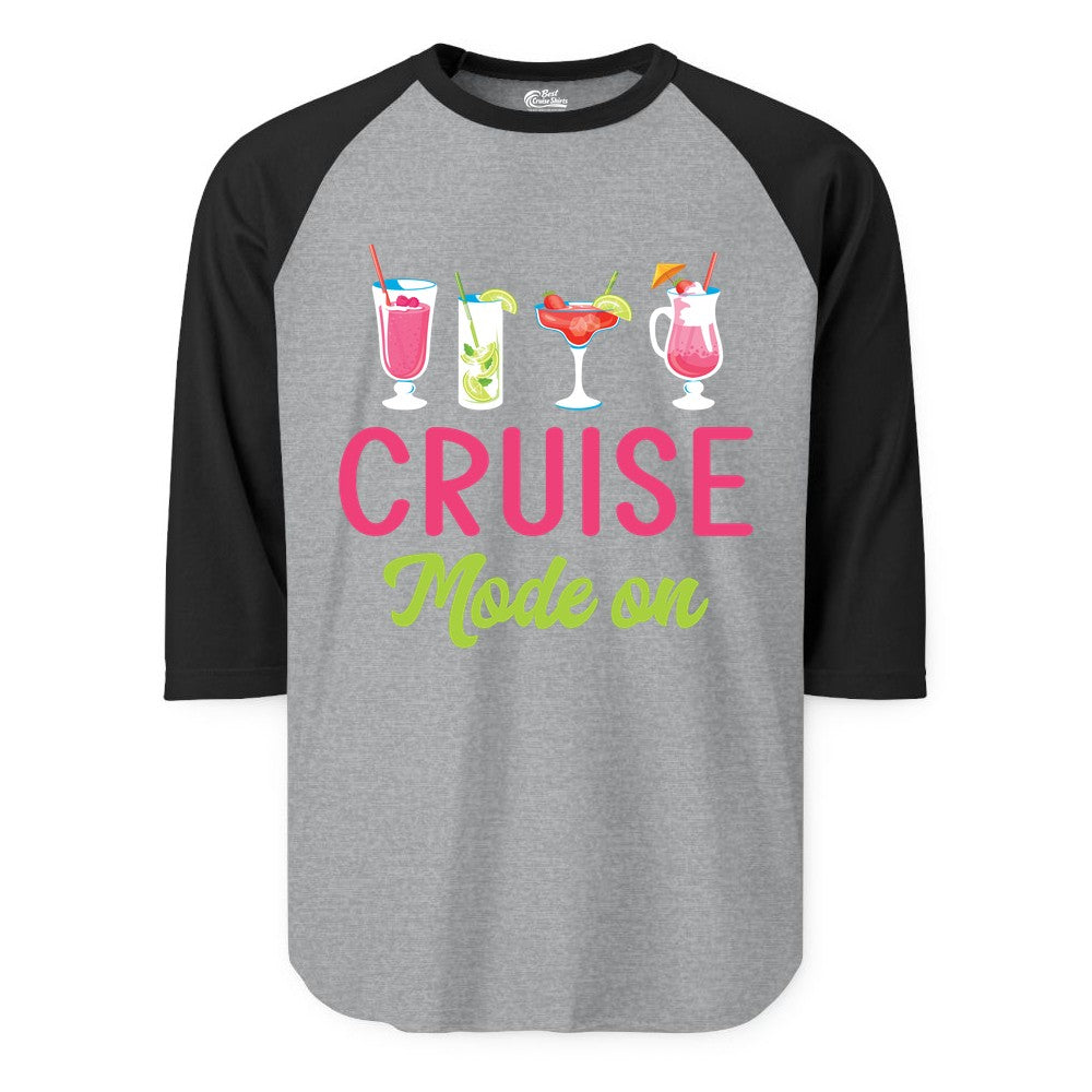 Cruise Mode On Shirt - Fun Cocktail Cruise Shirt for Vacations (Raglan) in Heather GreyBlack - Cruise Mode On Shirt - Colorful Tropical Cocktails Vacation Vibes