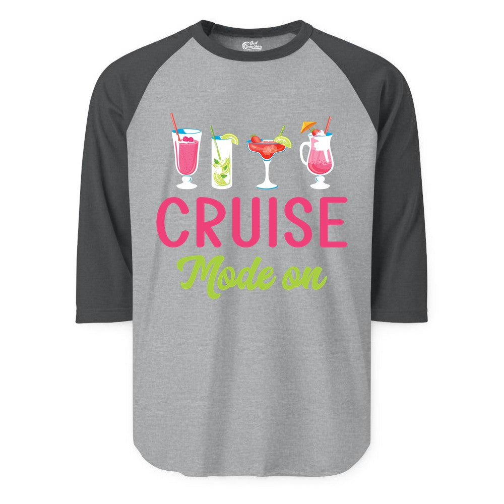 Cruise Mode On Shirt - Fun Cocktail Cruise Shirt for Vacations (Raglan) in Heather GreyHeather Charcoal - Cruise Mode On Shirt - Colorful Tropical Cocktails Vacation Vibes
