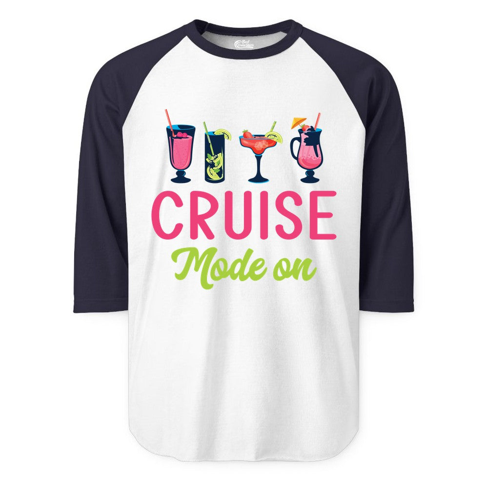 Cruise Mode On Shirt - Fun Cocktail Cruise Shirt for Vacations (Raglan) in WhiteNavy - Cruise Mode On Shirt - Colorful Tropical Cocktails Vacation Vibes