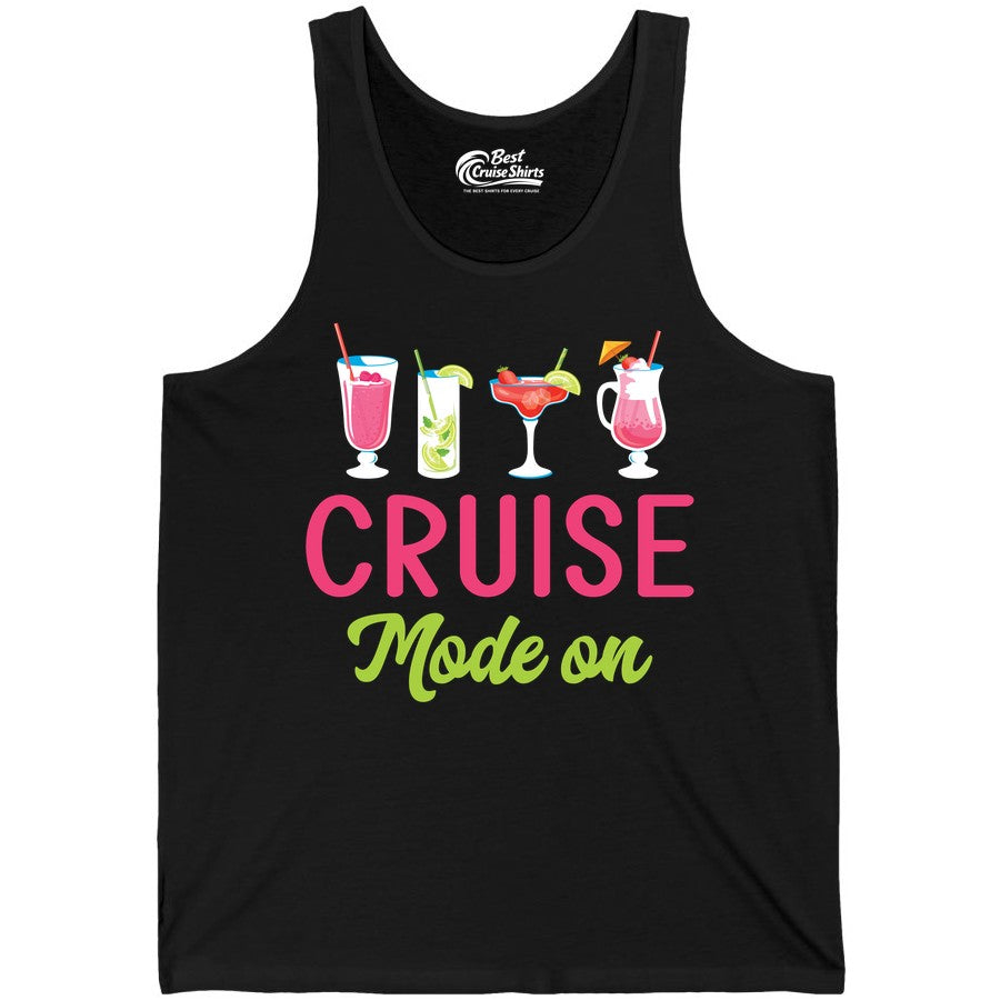 Cruise Mode On Shirt - Fun Cocktail Cruise Shirt for Vacations (Tank Top) in Black - Cruise Mode On Shirt - Colorful Tropical Cocktails Vacation Vibes
