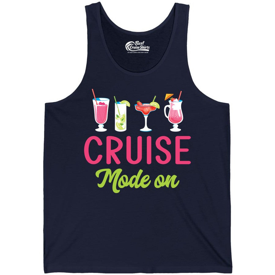 Cruise Mode On Shirt - Fun Cocktail Cruise Shirt for Vacations (Tank Top) in Navy - Cruise Mode On Shirt - Colorful Tropical Cocktails Vacation Vibes