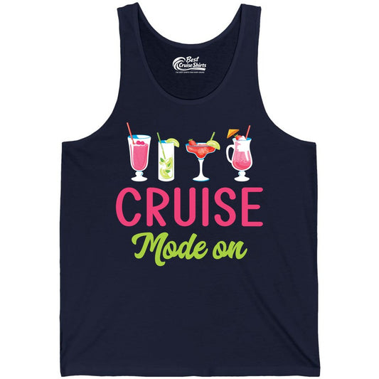Cruise Mode On Shirt - Fun Cocktail Cruise Shirt for Vacations (Tank Top) in Navy - Cruise Mode On Shirt - Colorful Tropical Cocktails Vacation Vibes