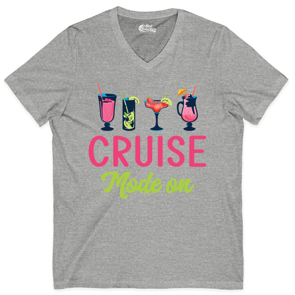 Cruise Mode On Shirt - Fun Cocktail Cruise Shirt for Vacations (V-Neck) in Athletic Heather - Cruise Mode On Shirt - Colorful Tropical Cocktails Vacation Vibes